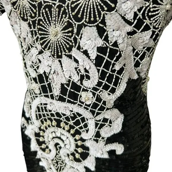 Vintage 80s Beaded Sequined Party Cocktail Mini Dress Carina Black White M Glam